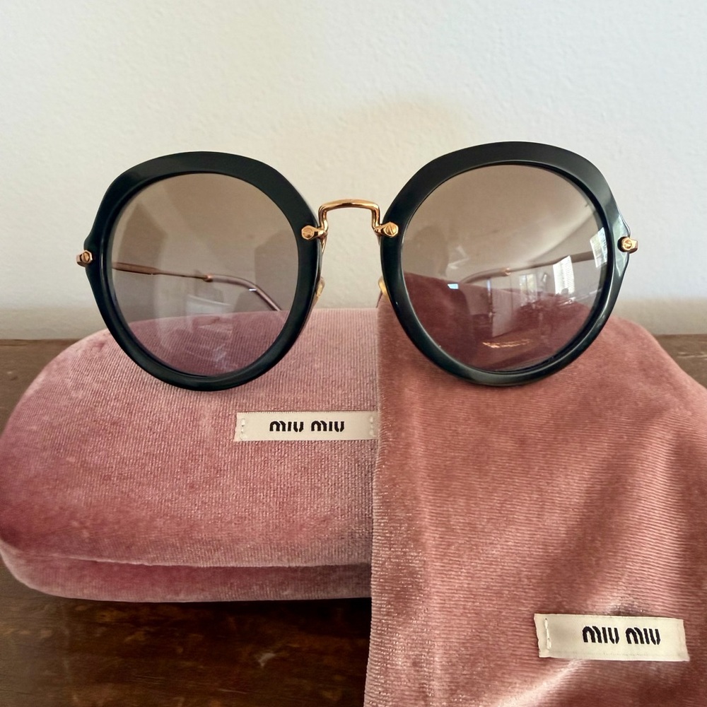 Miu Miu Black and Gold Round Sunglasses
